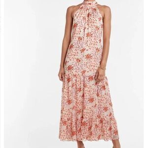 open lace back dress Halter Color Block Maxi Pleated Dress: Olive Multi Small